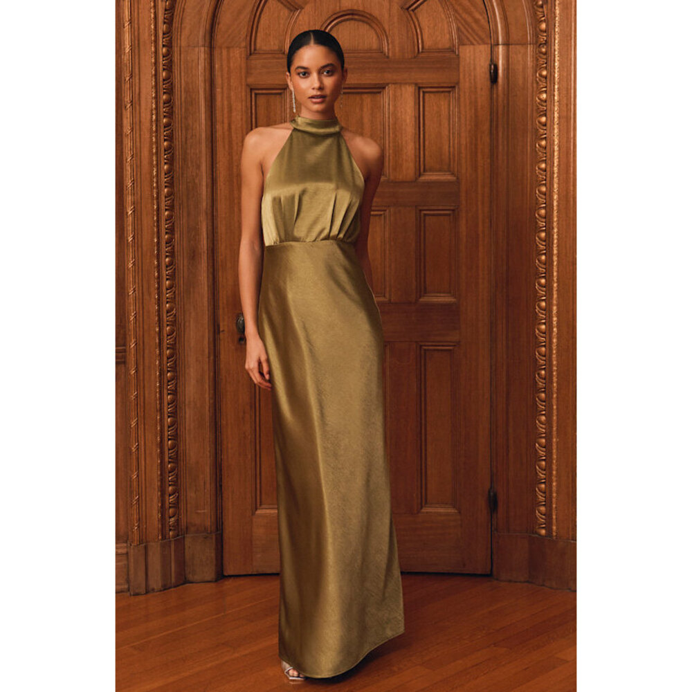NEW Lulus Sevinia Olive Green Satin Mock Neck Sleeveless Maxi Dress - Size S